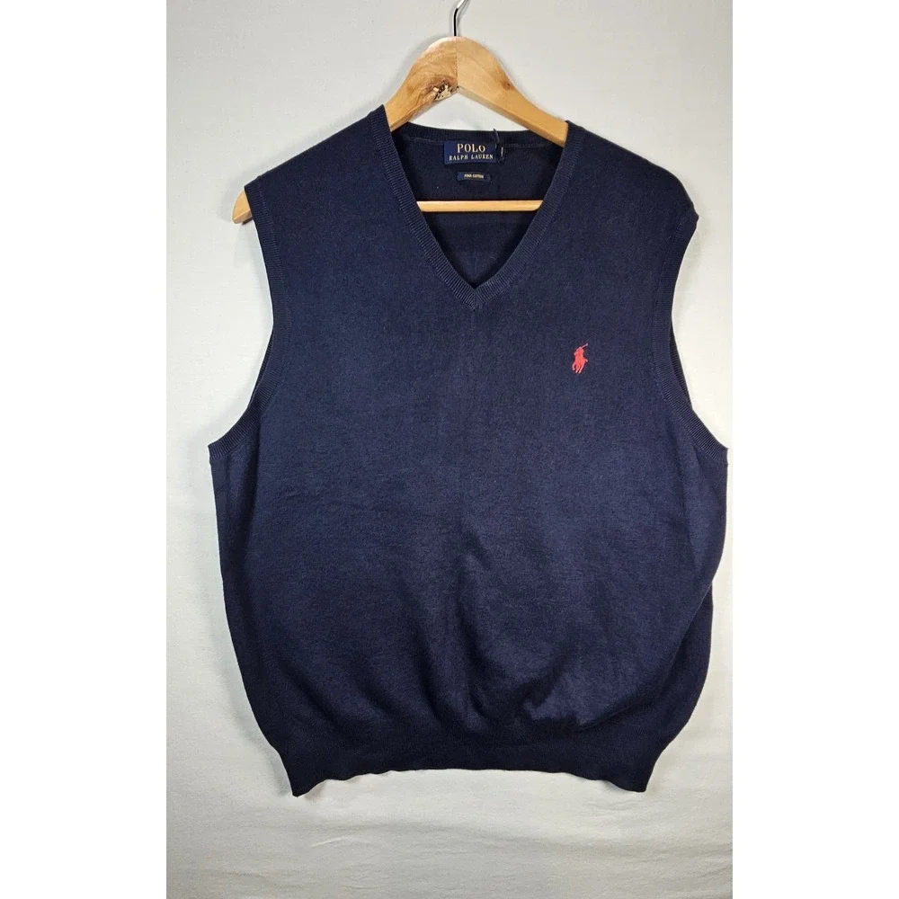 Polo Ralph Lauren XL Pima Cotton V Neck‎ Sweater Vest Navy Red Pony